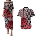 New Zealand Couples Matching Puletasi and Hawaiian Shirt Aotearoa Kowhaiwhai Mix Taniko Art - Red