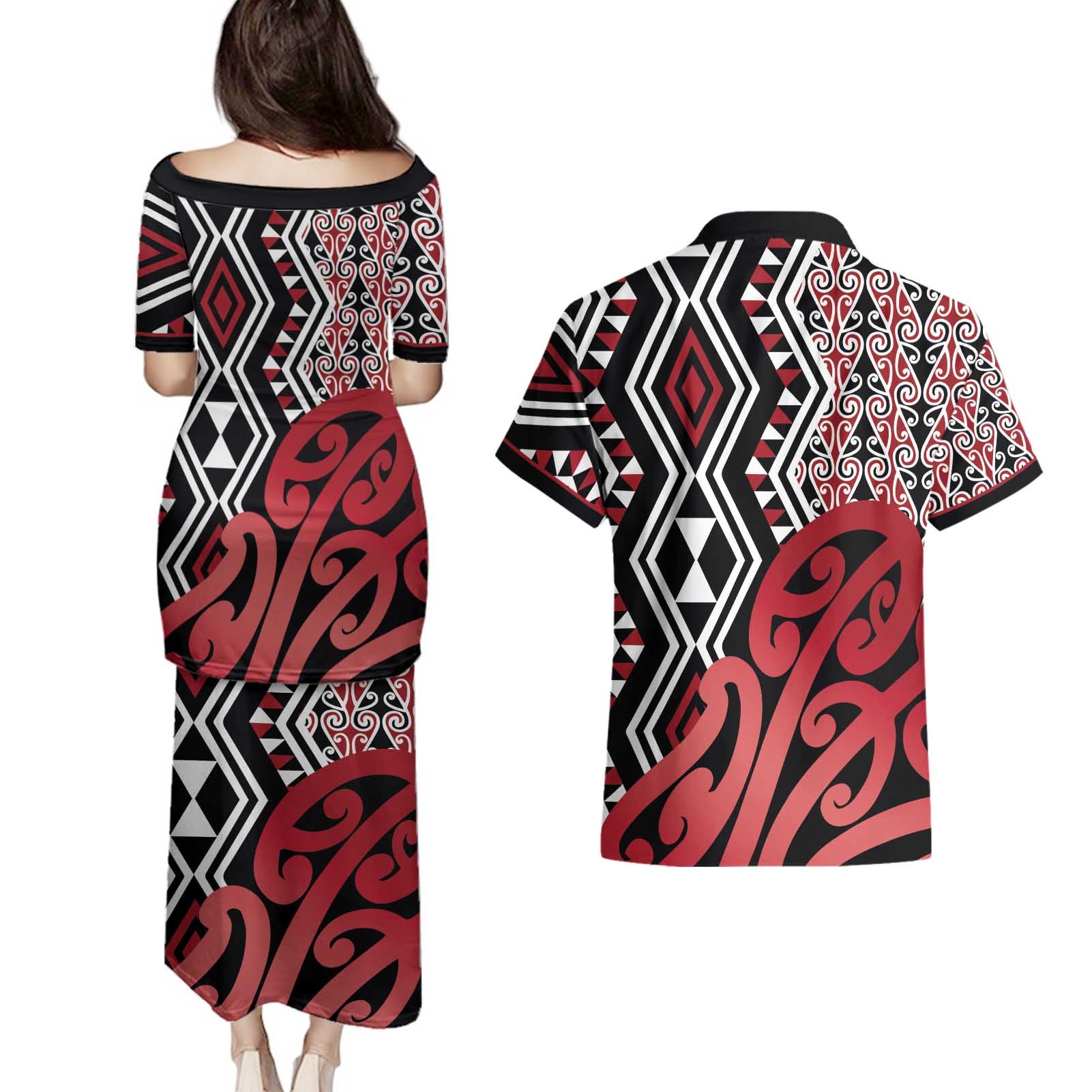 New Zealand Couples Matching Puletasi and Hawaiian Shirt Aotearoa Kowhaiwhai Mix Taniko Art - Red