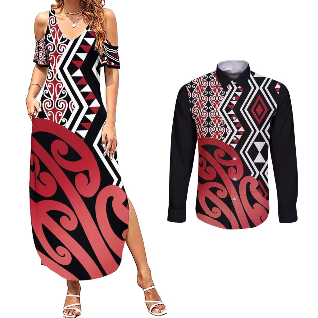 New Zealand Couples Matching Summer Maxi Dress and Long Sleeve Button Shirt Aotearoa Kowhaiwhai Mix Taniko Art - Red