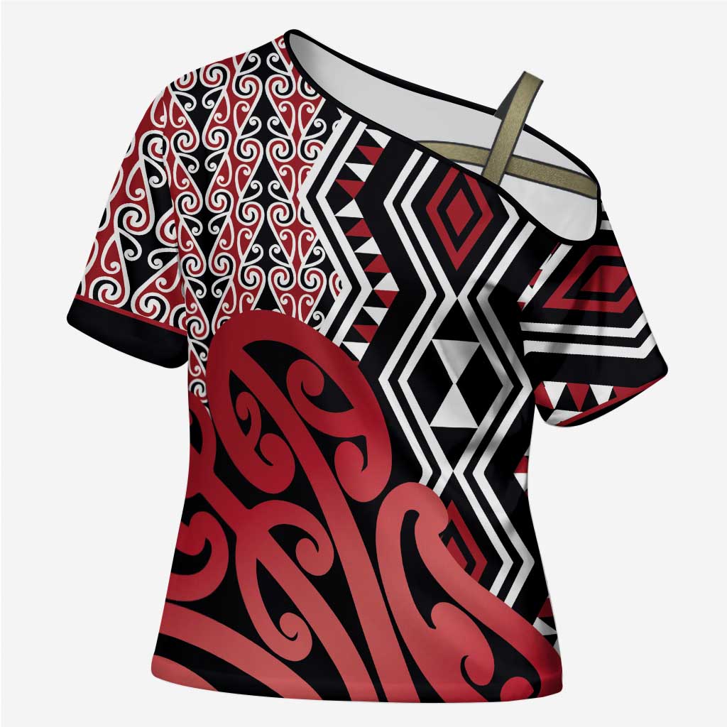 New Zealand Cross Shoulder Shirt Aotearoa Kowhaiwhai Mix Taniko Art - Red - Aussie Hoodie