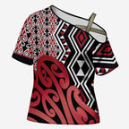 New Zealand Cross Shoulder Shirt Aotearoa Kowhaiwhai Mix Taniko Art - Red - Aussie Hoodie