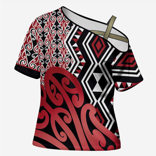 New Zealand Cross Shoulder Shirt Aotearoa Kowhaiwhai Mix Taniko Art - Red - Aussie Hoodie