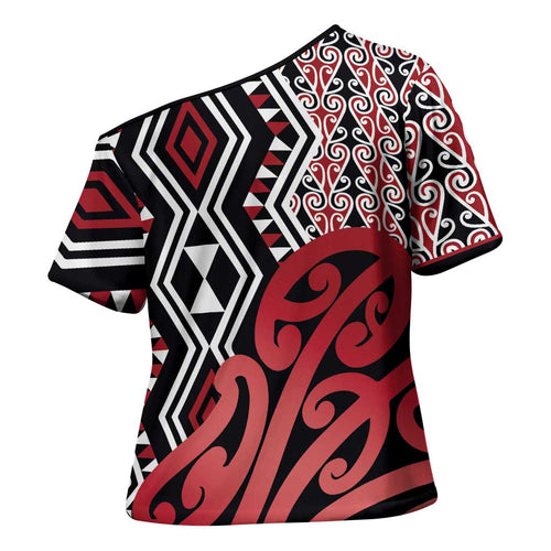 New Zealand Cross Shoulder Shirt Aotearoa Kowhaiwhai Mix Taniko Art - Red - Aussie Hoodie