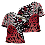 New Zealand Cross Shoulder Shirt Aotearoa Kowhaiwhai Mix Taniko Art - Red - Aussie Hoodie