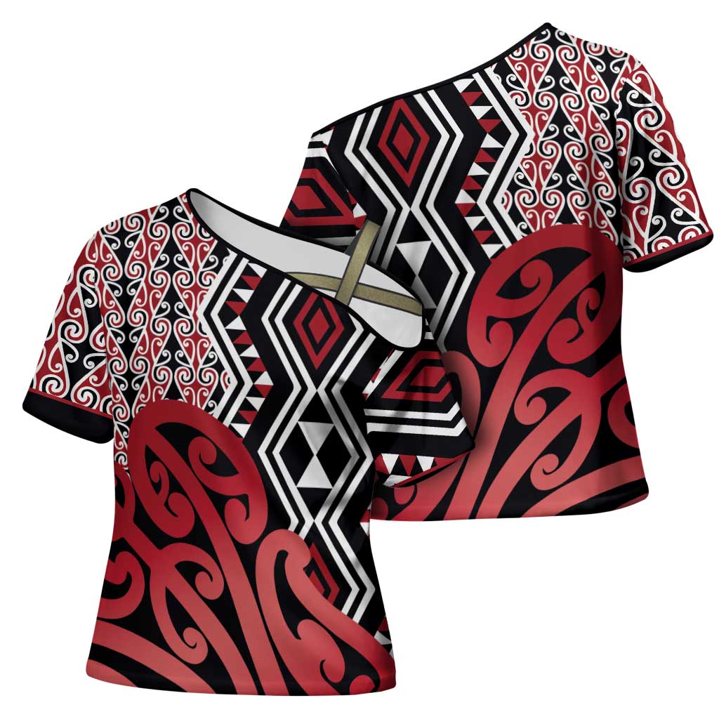 New Zealand Cross Shoulder Shirt Aotearoa Kowhaiwhai Mix Taniko Art - Red - Aussie Hoodie