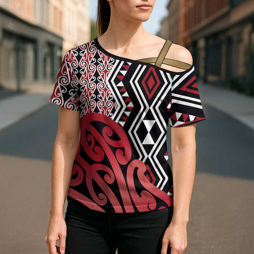 New Zealand Cross Shoulder Shirt Aotearoa Kowhaiwhai Mix Taniko Art - Red - Aussie Hoodie