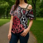 New Zealand Cross Shoulder Shirt Aotearoa Kowhaiwhai Mix Taniko Art - Red - Aussie Hoodie