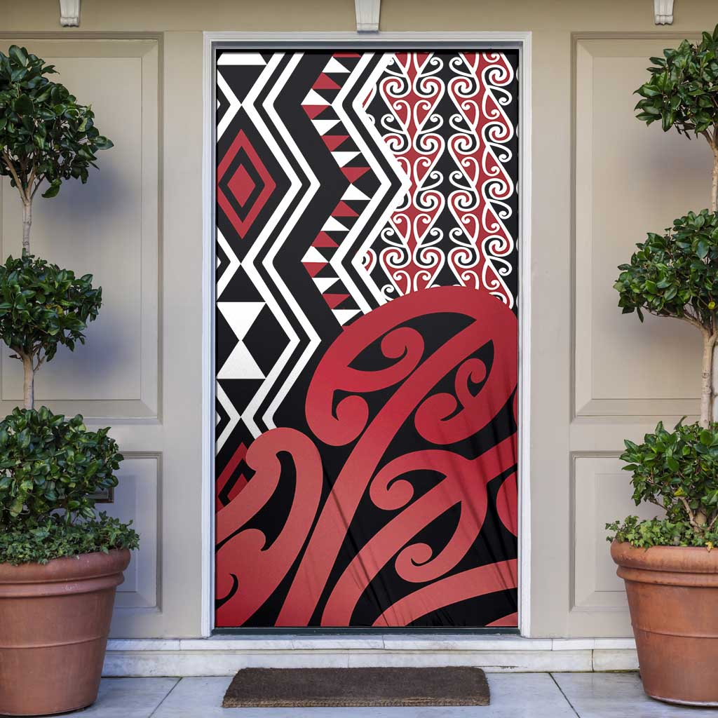 New Zealand Door Cover Aotearoa Kowhaiwhai Mix Taniko Art - Red - Aussie Hoodie