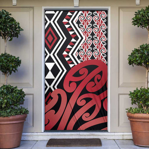 New Zealand Door Cover Aotearoa Kowhaiwhai Mix Taniko Art - Red - Aussie Hoodie