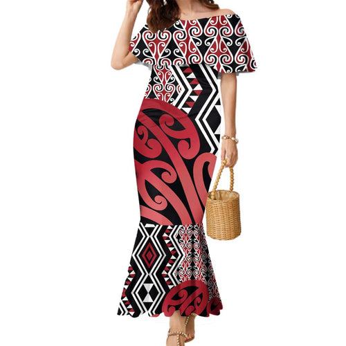 New Zealand Family Matching Mermaid Dress and Hawaiian Shirt Aotearoa Kowhaiwhai Mix Taniko Art - Red