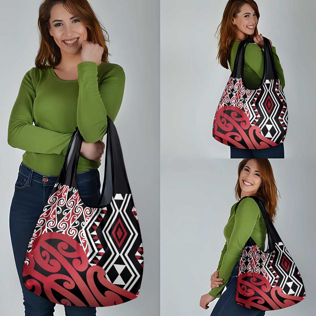 New Zealand Grocery Bag Aotearoa Kowhaiwhai Mix Taniko Art - Red