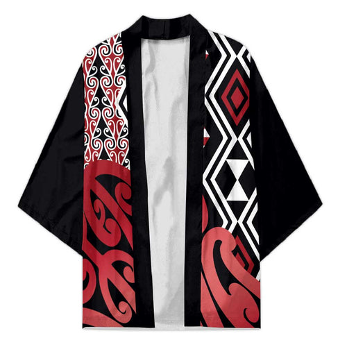 New Zealand Kimono Aotearoa Kowhaiwhai Mix Taniko Art - Red - Aussie Hoodie
