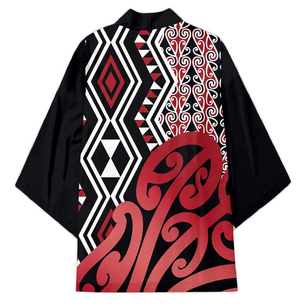 New Zealand Kimono Aotearoa Kowhaiwhai Mix Taniko Art - Red - Aussie Hoodie