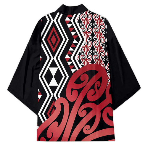 New Zealand Kimono Aotearoa Kowhaiwhai Mix Taniko Art - Red - Aussie Hoodie