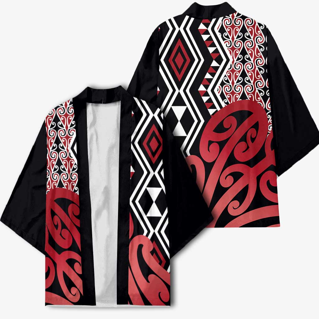 New Zealand Kimono Aotearoa Kowhaiwhai Mix Taniko Art - Red - Aussie Hoodie