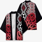 New Zealand Kimono Aotearoa Kowhaiwhai Mix Taniko Art - Red - Aussie Hoodie