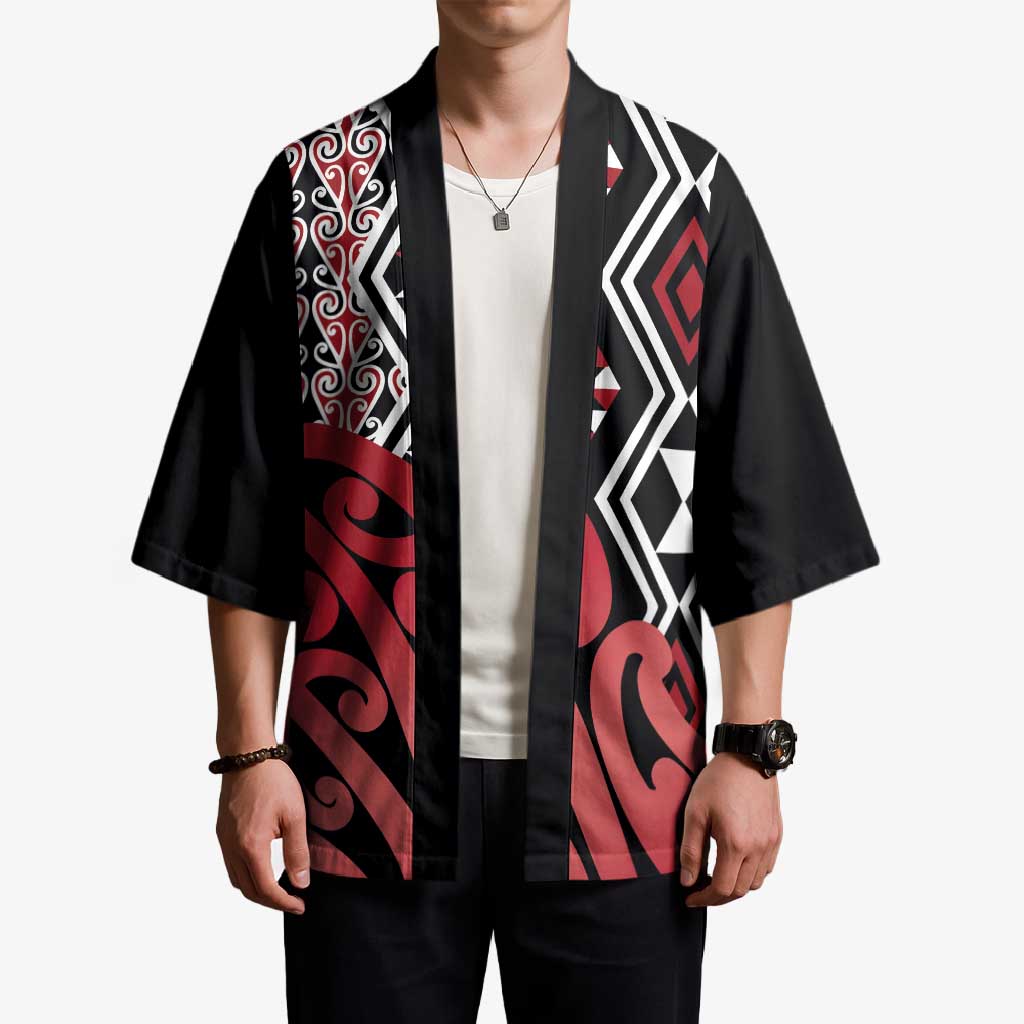 New Zealand Kimono Aotearoa Kowhaiwhai Mix Taniko Art - Red - Aussie Hoodie