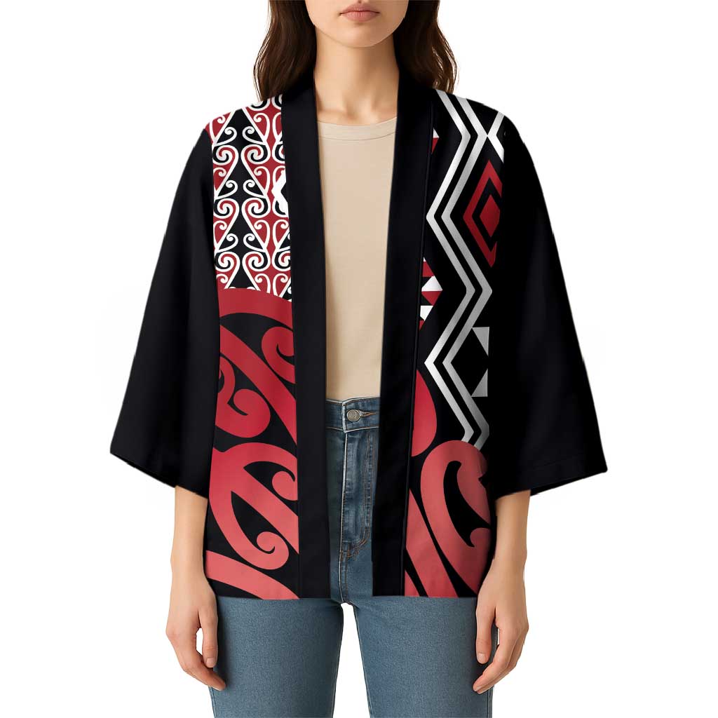 New Zealand Kimono Aotearoa Kowhaiwhai Mix Taniko Art - Red - Aussie Hoodie