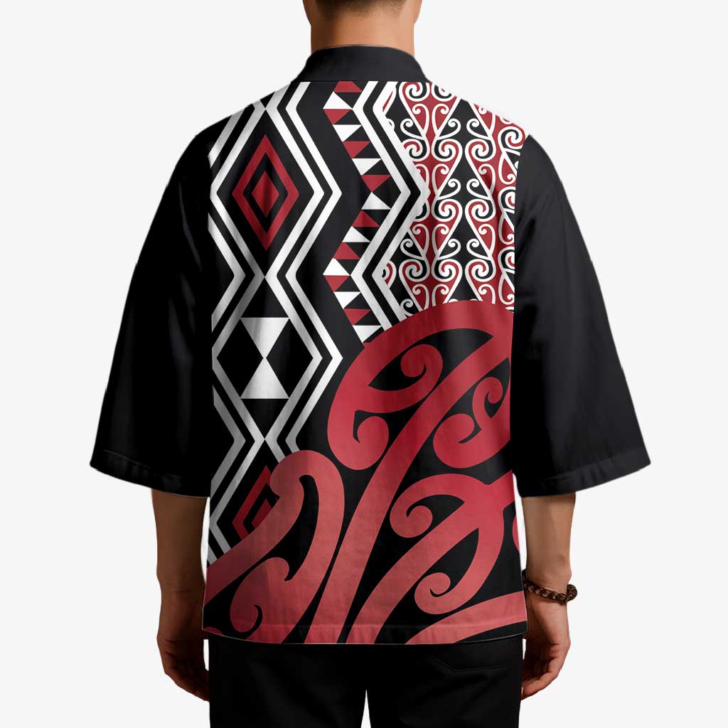 New Zealand Kimono Aotearoa Kowhaiwhai Mix Taniko Art - Red - Aussie Hoodie