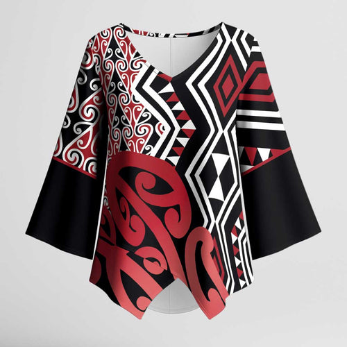 New Zealand Kimono Sleeve Blouse Aotearoa Kowhaiwhai Mix Taniko Art - Red - Aussie Hoodie