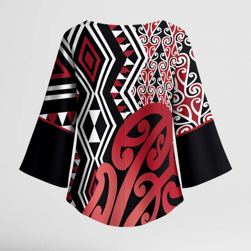 New Zealand Kimono Sleeve Blouse Aotearoa Kowhaiwhai Mix Taniko Art - Red - Aussie Hoodie