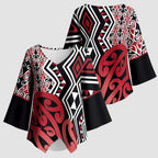 New Zealand Kimono Sleeve Blouse Aotearoa Kowhaiwhai Mix Taniko Art - Red - Aussie Hoodie