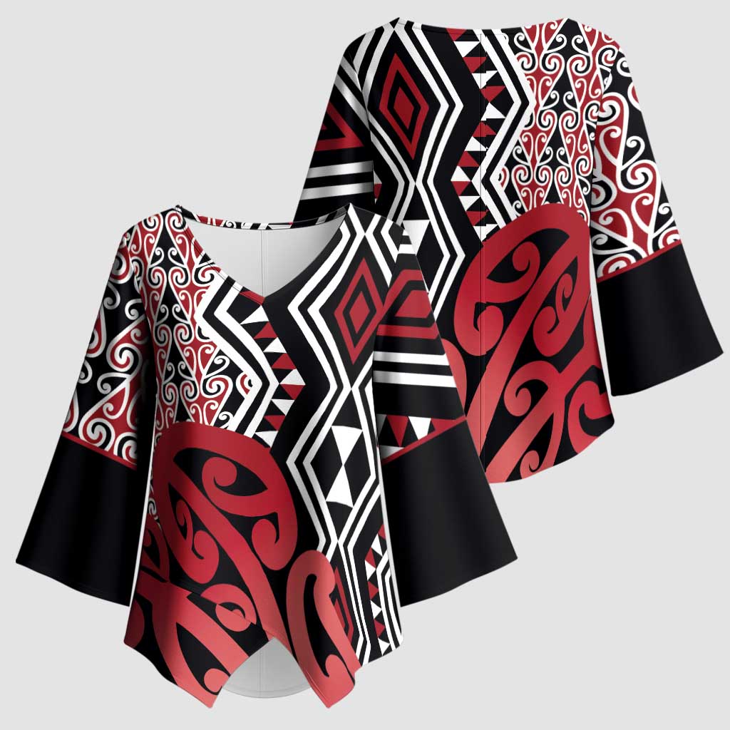 New Zealand Kimono Sleeve Blouse Aotearoa Kowhaiwhai Mix Taniko Art - Red - Aussie Hoodie