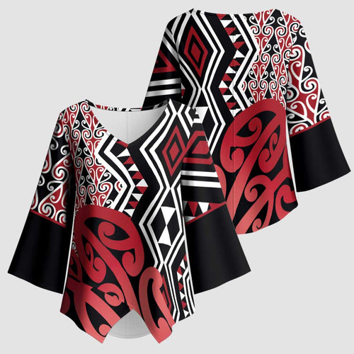 New Zealand Kimono Sleeve Blouse Aotearoa Kowhaiwhai Mix Taniko Art - Red - Aussie Hoodie