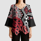 New Zealand Kimono Sleeve Blouse Aotearoa Kowhaiwhai Mix Taniko Art - Red - Aussie Hoodie