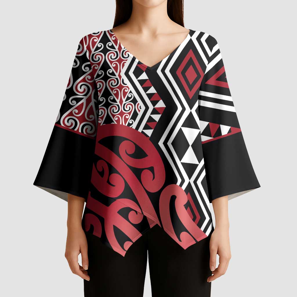 New Zealand Kimono Sleeve Blouse Aotearoa Kowhaiwhai Mix Taniko Art - Red - Aussie Hoodie