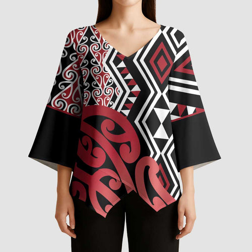 New Zealand Kimono Sleeve Blouse Aotearoa Kowhaiwhai Mix Taniko Art - Red - Aussie Hoodie