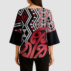 New Zealand Kimono Sleeve Blouse Aotearoa Kowhaiwhai Mix Taniko Art - Red - Aussie Hoodie