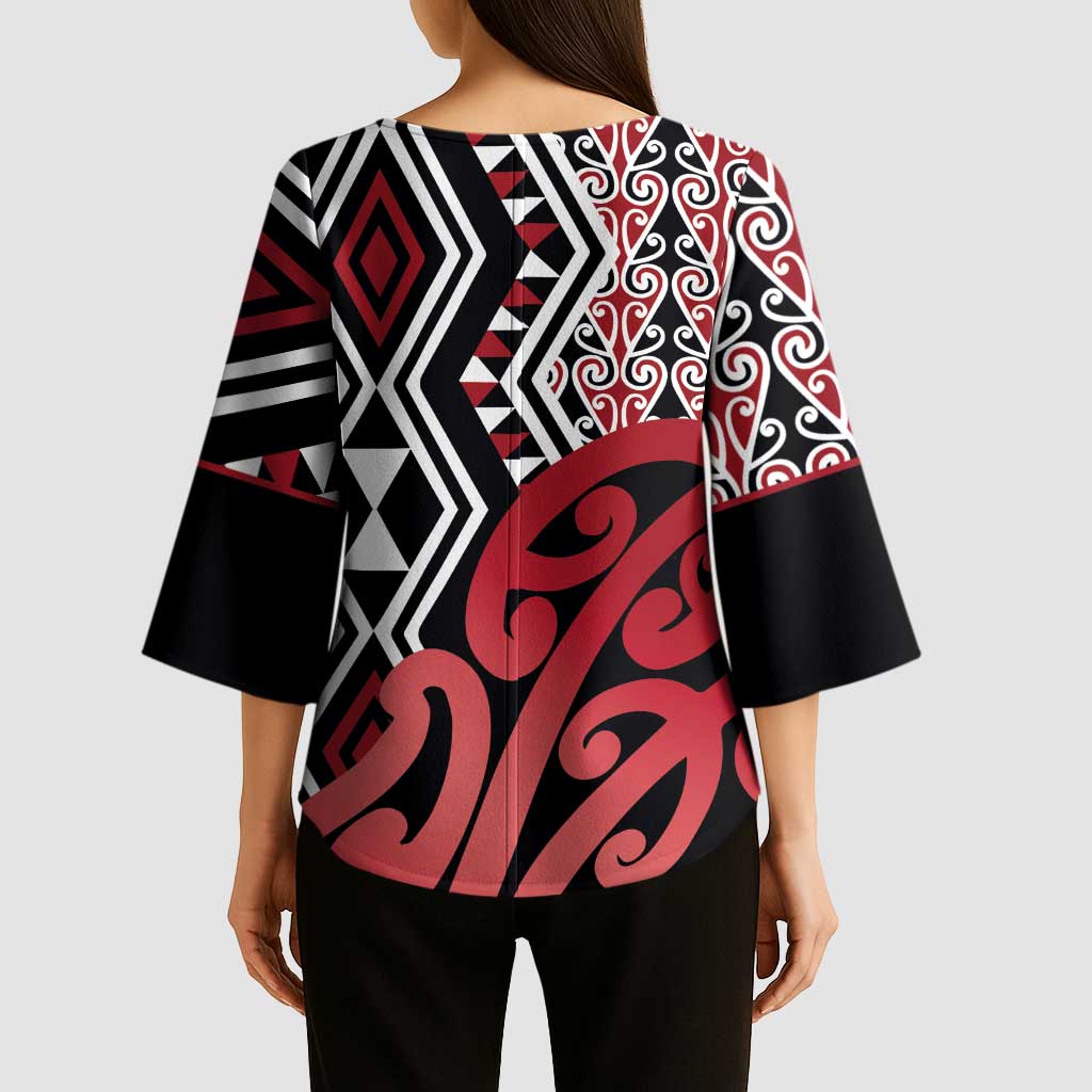 New Zealand Kimono Sleeve Blouse Aotearoa Kowhaiwhai Mix Taniko Art - Red - Aussie Hoodie