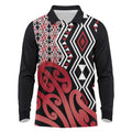 New Zealand Long Sleeve Polo Shirt Aotearoa Kowhaiwhai Mix Taniko Art - Red