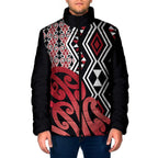 New Zealand Padded Jacket Aotearoa Kowhaiwhai Mix Taniko Art - Red - Aussie Hoodie