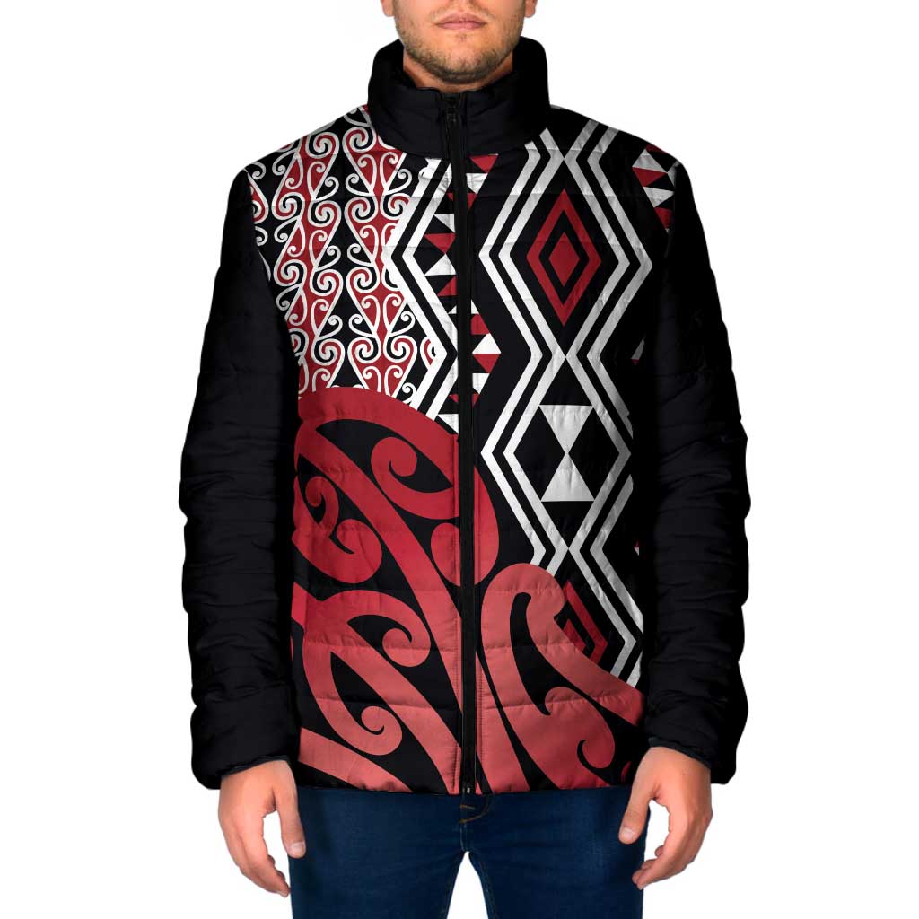 New Zealand Padded Jacket Aotearoa Kowhaiwhai Mix Taniko Art - Red - Aussie Hoodie