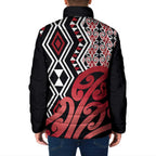New Zealand Padded Jacket Aotearoa Kowhaiwhai Mix Taniko Art - Red - Aussie Hoodie