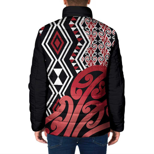New Zealand Padded Jacket Aotearoa Kowhaiwhai Mix Taniko Art - Red - Aussie Hoodie