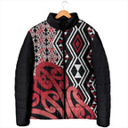 New Zealand Padded Jacket Aotearoa Kowhaiwhai Mix Taniko Art - Red - Aussie Hoodie