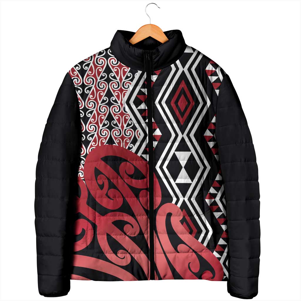New Zealand Padded Jacket Aotearoa Kowhaiwhai Mix Taniko Art - Red - Aussie Hoodie