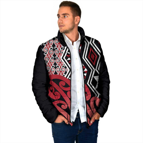 New Zealand Padded Jacket Aotearoa Kowhaiwhai Mix Taniko Art - Red - Aussie Hoodie