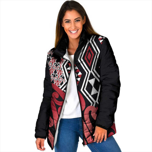 New Zealand Padded Jacket Aotearoa Kowhaiwhai Mix Taniko Art - Red - Aussie Hoodie