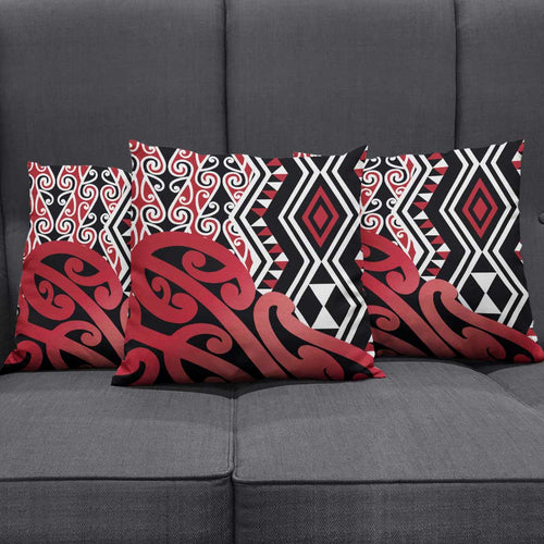 New Zealand Pillow Cover Aotearoa Kowhaiwhai Mix Taniko Art - Red - Aussie Hoodie