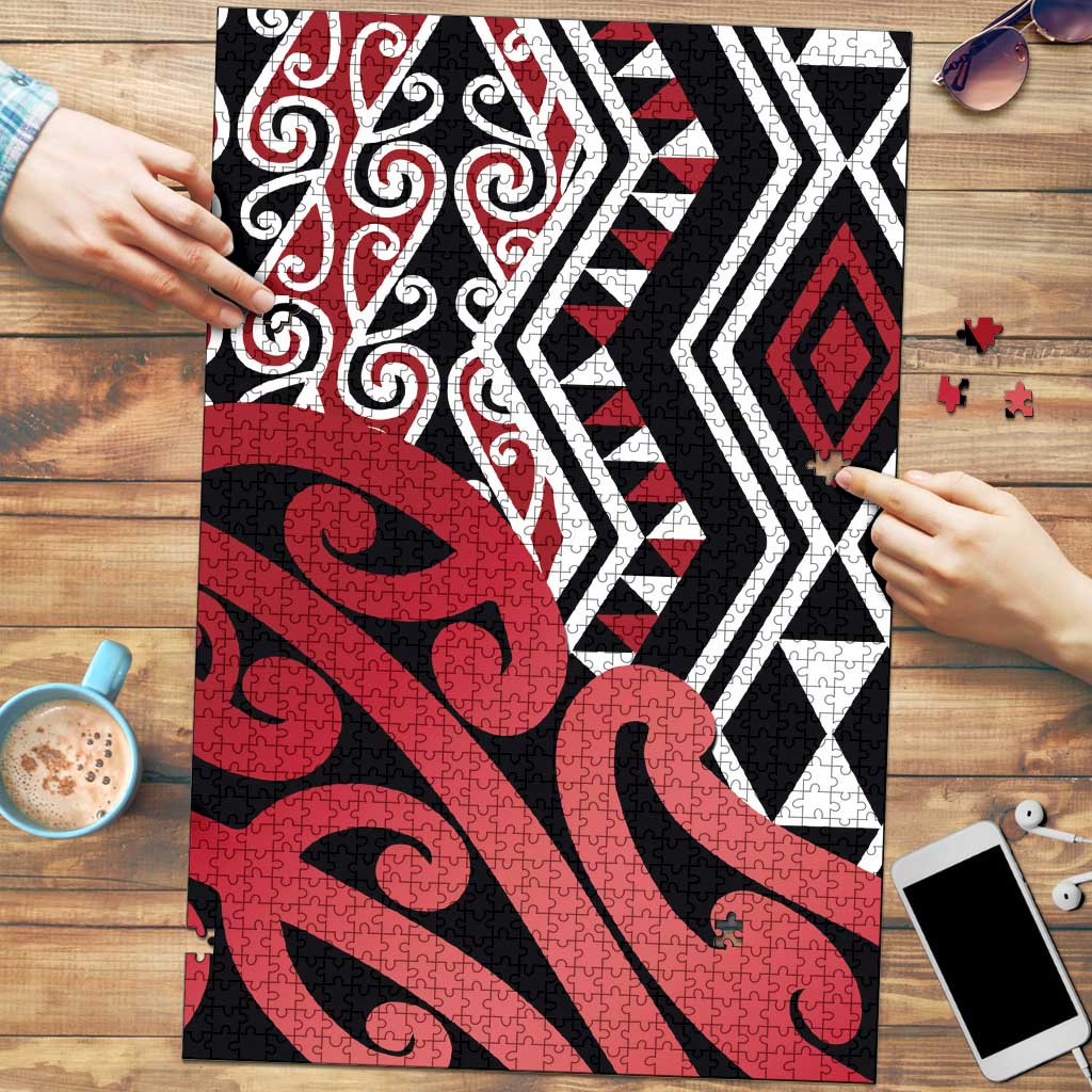 New Zealand Puzzle Aotearoa Kowhaiwhai Mix Taniko Art - Red - Aussie Hoodie