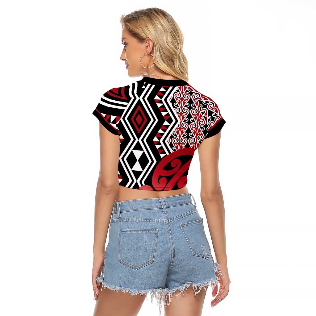 New Zealand Raglan Cropped T Shirt Aotearoa Kowhaiwhai Mix Taniko Art - Red