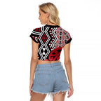 New Zealand Raglan Cropped T Shirt Aotearoa Kowhaiwhai Mix Taniko Art - Red