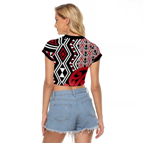 New Zealand Raglan Cropped T Shirt Aotearoa Kowhaiwhai Mix Taniko Art - Red