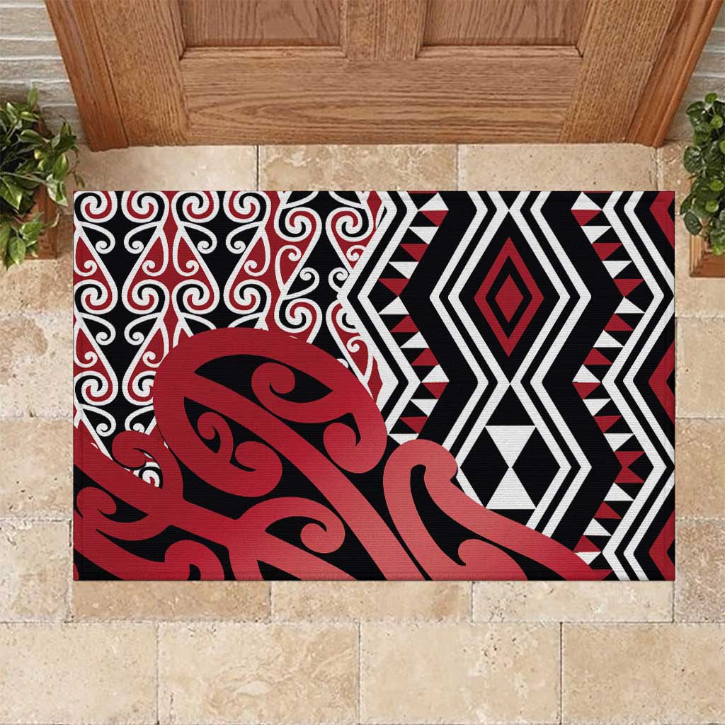 New Zealand Rubber Doormat Aotearoa Kowhaiwhai Mix Taniko Art - Red