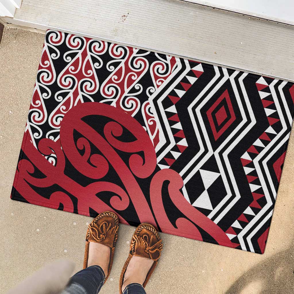 New Zealand Rubber Doormat Aotearoa Kowhaiwhai Mix Taniko Art - Red
