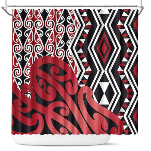 New Zealand Shower Curtain Aotearoa Kowhaiwhai Mix Taniko Art - Red